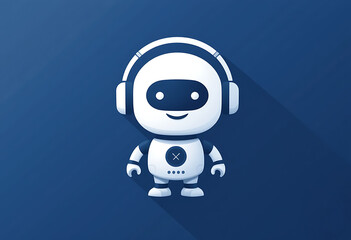Cute Robot with Headphones on Blue Background