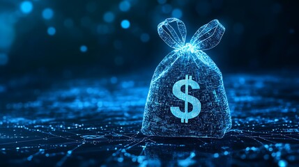 a blue mesh bag with a dollar sign