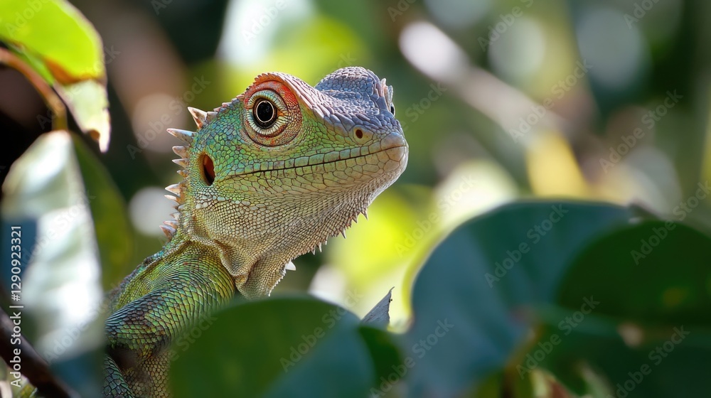 Poster A close-up shot of a lizard perched on a tree branch, showcasing its scales and texture