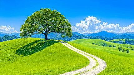 Lonely tree on hilltop, winding road, green hills, sunny day, nature background, travel poster