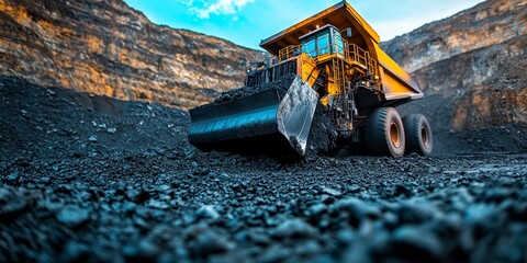 Large dump truck working in coal mine extracting minerals