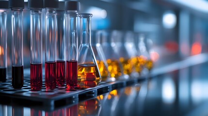 Row of laboratory test tubes filled with colorful liquids and pharmaceutical solutions in a scientific setting