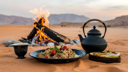 Dates, a teapot, and a cup of tea by a fire in a gorgeous desert setting. Ramadan Kareem