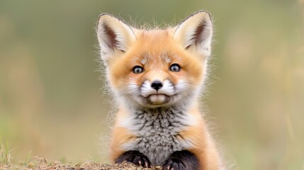 Cute red fox kit, wildlife portrait, blurry green background, nature photography
