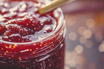 A jar of homemade jam with a spoon inserted, perfect for spreading on toast or bread