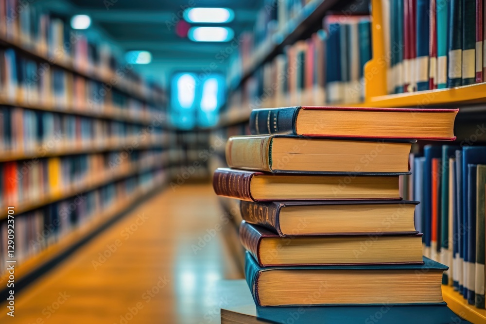 Aufkleber A row of books on a shelf in a quiet library setting