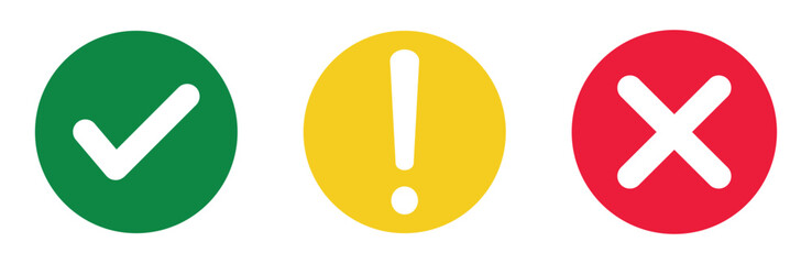 tick mark, exclamation mark and cross mark vector icon set. acceptance, rejection and attention symbols. check, exclamation and cross  mark icon for mobile app, ui and website. vector illustration © Solayman