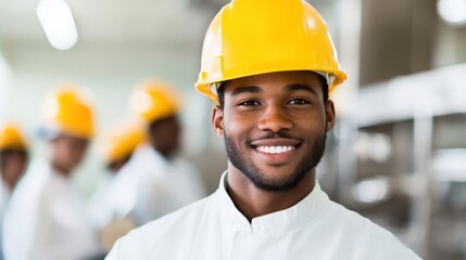 Smiling Factory Worker with Team in Background