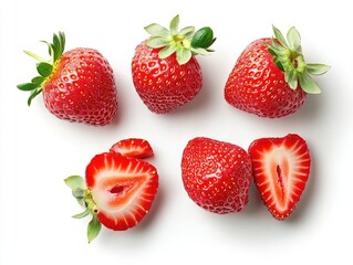 Fresh Strawberries Whole and Sliced on White Background