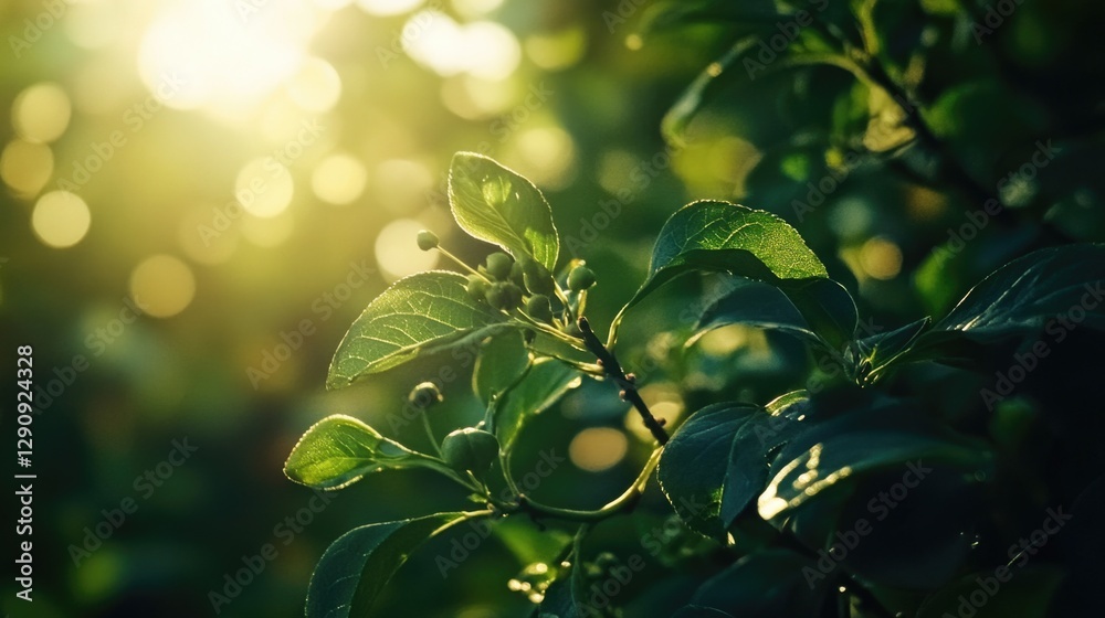 Poster close-up of sunlight shining through tree leaves with some leaves overlapping, ideal for backgrounds