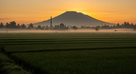 Obraz premium Indonesian landscape at sunrise during Ramadhan peaceful morning serene atmosphere spiritual time