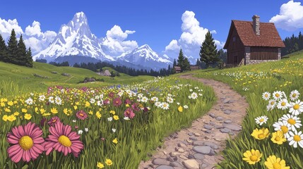 Mountain cottage path, wildflowers, Alps scenery, summer