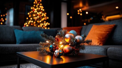 Festive Christmas ornaments on coffee table, cozy living room, blurred tree background, holiday mood
