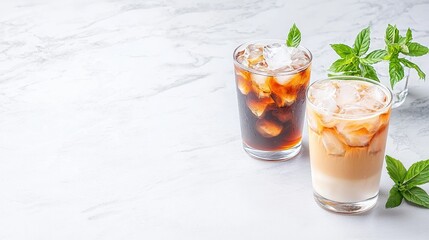 Iced coffee and latte on marble. Refreshing summer drinks