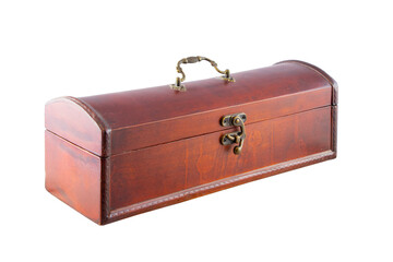 Ancient closed wooden chest with small lock and handle from gold best for hiding treasures or jewerly made in the shape od rectangle on the separated white background.