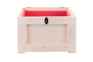Opened wooden chest with lock and pink fill on the separated white background.