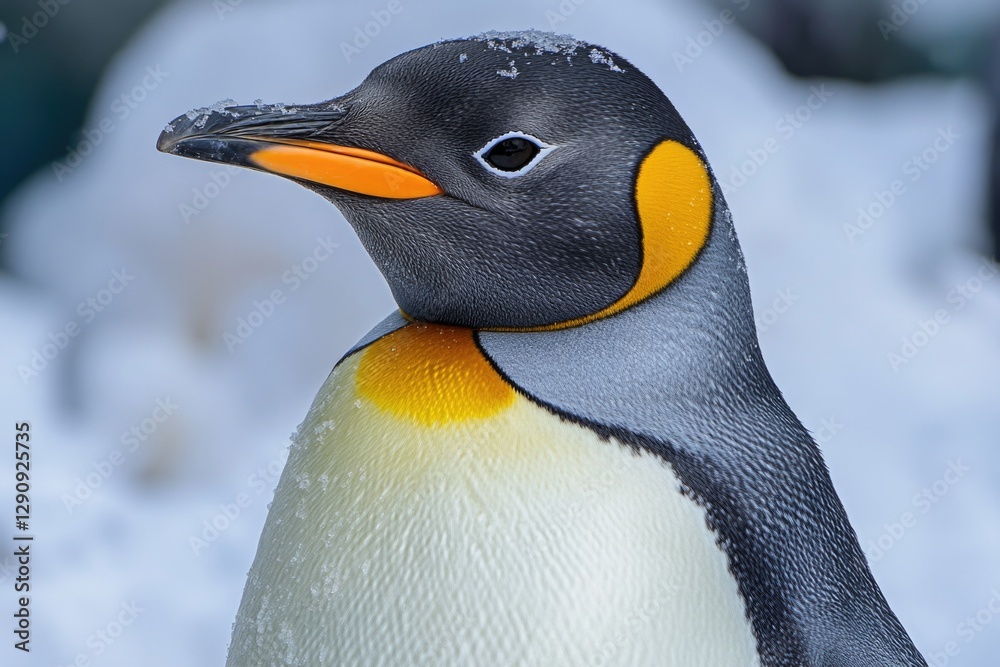 Poster a close-up of a penguin standing in snowy terrain, looking around