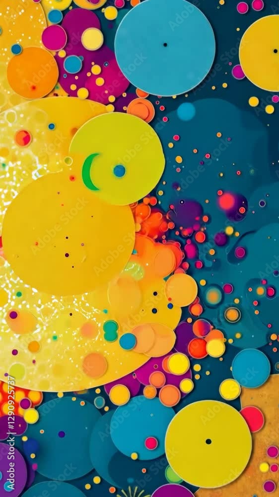 Poster a colorful background with many small circles. some of the circles are yellow, some are orange, and 