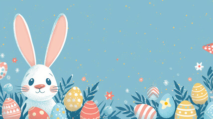 Easter bunny and eggs border frame blue header background image