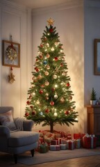 Decorated spruce Christmas tree with ornaments and lights in a cozy living room, holiday decor, christmas tree