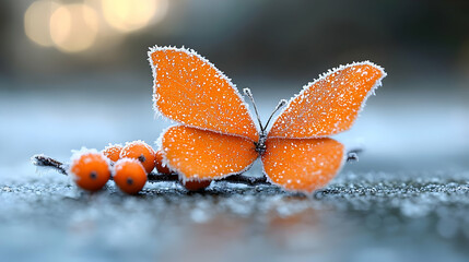 Frosted orange butterfly on berries, winter scene, nature background, card design