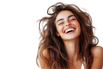 Joyful young woman with long brown hair laughing.