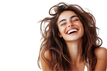 Joyful young woman with long brown hair laughing.