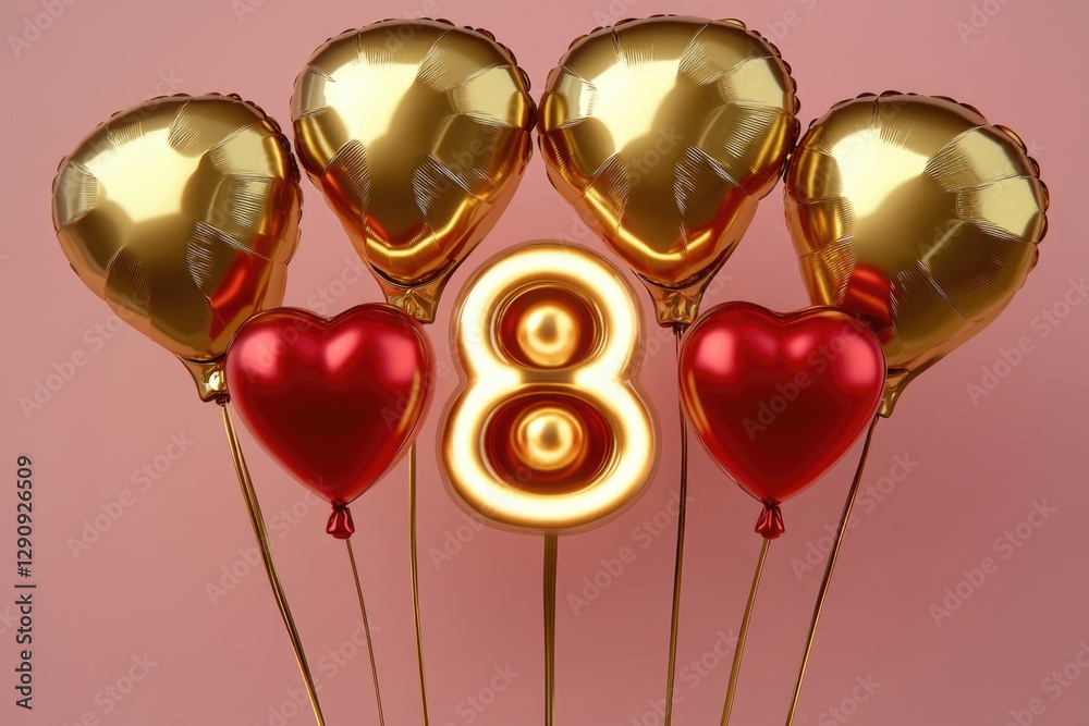Poster a bunch of colorful balloons with the number eight printed on some of them, suitable for party decor