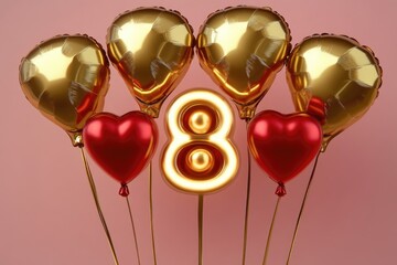 A bunch of colorful balloons with the number eight printed on some of them, suitable for party decorations or numeric theme celebrations