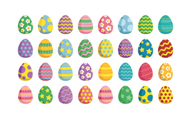 Happy Easter.Set of Easter eggs with different textures on a white background.Spring holiday. Vector Illustration isolated. Happy easter eggs.