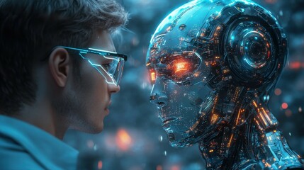 Fototapeta premium Curious man observing a robot with interest in a high-tech environment representing the future of technology and innovation