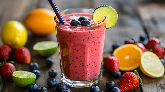 A citrus and berry infused smoothie with orange, lemon, lime, and fresh strawberries and blueberries blended together.A citrus and berry infused smoothie with orange, lemon, lime, and fresh strawberri