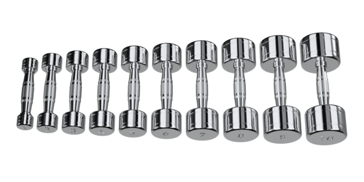 Ten Round Dumbbells set, arranged from small to biggest or from 1 to 10. Weightlifting gym equipment isolated on white background. 3D illustration