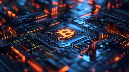 Obraz premium A bitcoin coin resting on a computer chip surrounded by circuitry representing the intersection of finance and technology