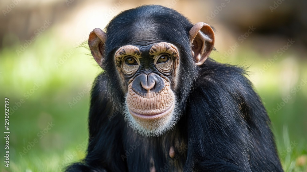 Poster a close-up view of a chimpanzee sitting on a grassy field