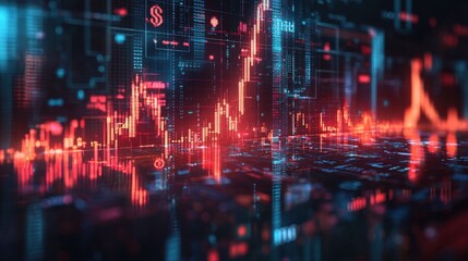 Fototapeta premium A striking cityscape with a red and blue background creating a dramatic contrast against the urban environment at dusk