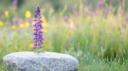 Purple lupine flower on a rock in a grassy field. Possible use nature photography, desktop wallpaper