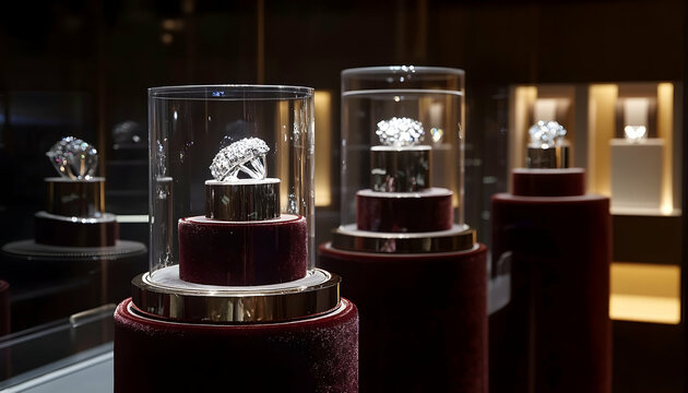 Diamond rings on velvet holders in a luxury jewelry store window, illuminated to emphasize their sparkle