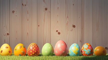 A charming lineup of Easter eggs, each uniquely decorated with patterns like flowers, leaves, and geometric shapes. Set on green grass against a wooden backdrop, they exude the warm and festive spirit