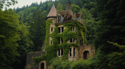 Obraz premium An old abandoned castle covered in ivy