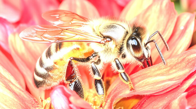 Close Up of Honeybee on Red Dahlia Flower