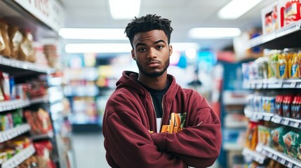 Thief alert at a convenience store, cashier noticing suspicious shopper. Featuring swift action and product protection