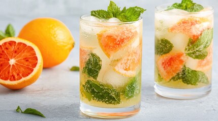 Refreshing grapefruit mint cocktails on a light gray surface
