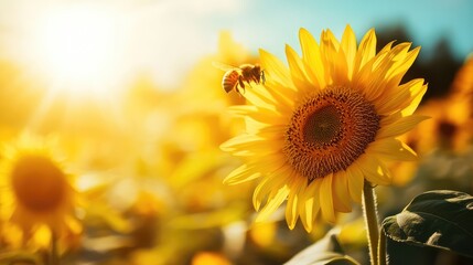 Obraz premium A bee pollinating a sunflower in an organic field, bright sunny day with plenty of clear space for agricultural copy text.