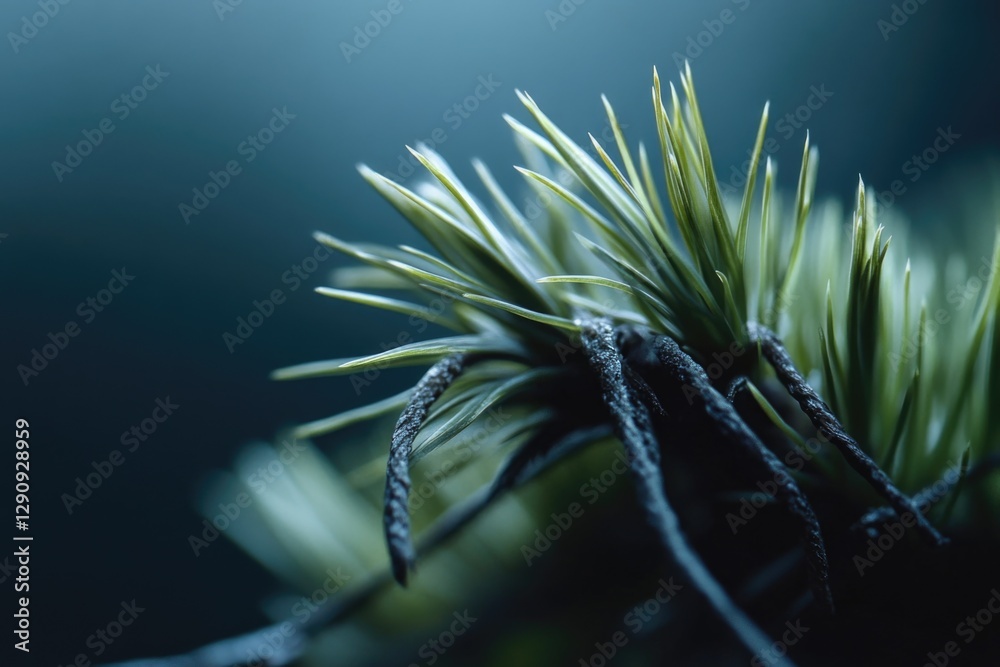 Poster A close-up view of a pine tree branch with needles and cones, perfect for use in nature-inspired designs or as a symbol of simplicity and elegance