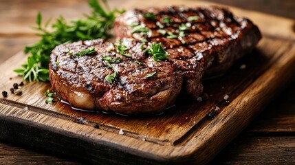 A close-up of juicy BBQ grilled steak on a wooden cutting board, with fresh herbs, and room for text.