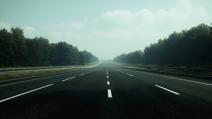Empty highway vanishing into morning mist, trees lining the sides; travel, journey concept