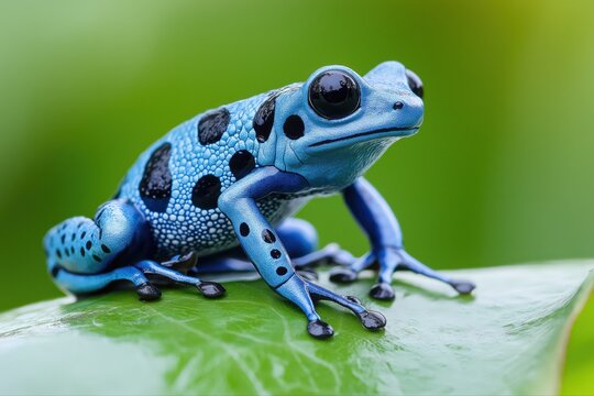 Close up of a vibrant blue poison dart frog with black spots, perched on a lush green leaf in a rainforest setting