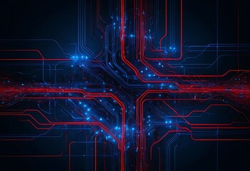 Red and Blue Circuitry Network Illustrates Technological Communication Systems Data