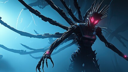 A menacing, dark, biomechanical creature with glowing red eyes and multiple limbs, set against a dramatic blue backdrop.